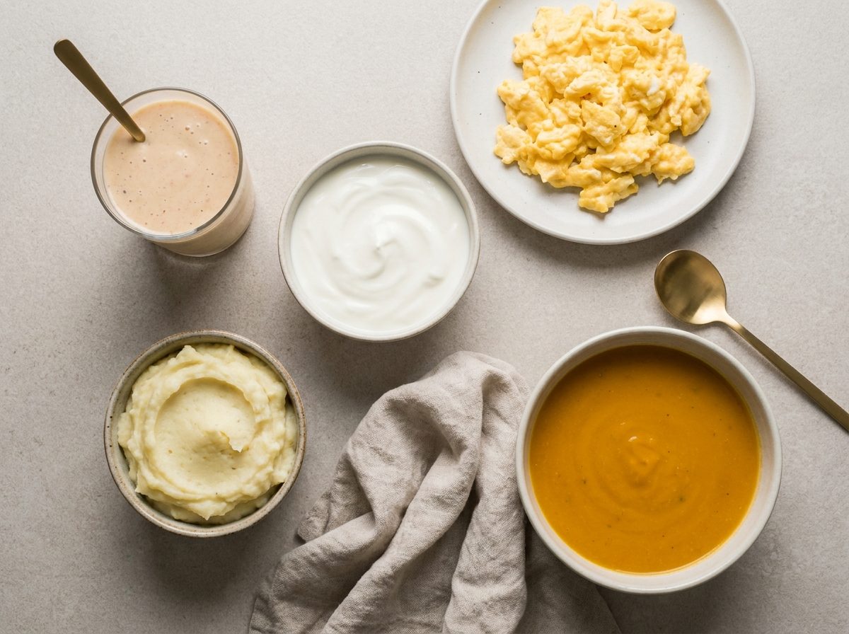 Soft foods recommended after a tooth extraction — yoghurt, smoothie, mashed potato, scrambled eggs and soup