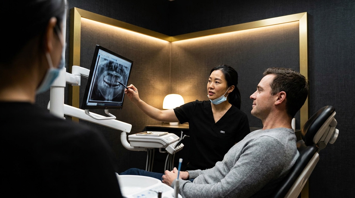 Dentist showing a patient their digital x-ray on the chairside screen